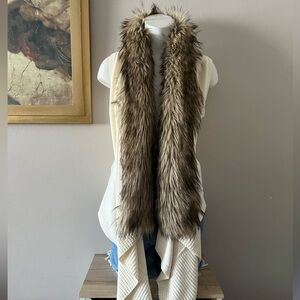 Michael Kors Cream Knit Vest with Brown Faux Fur Collar